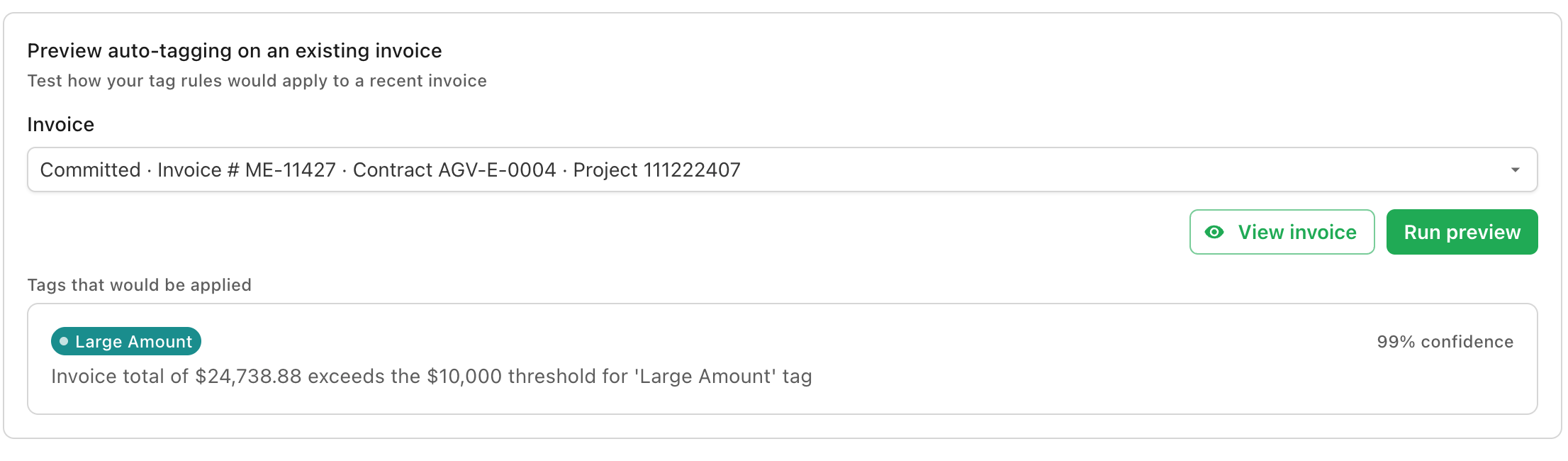 Preview auto-tagging on an existing invoice