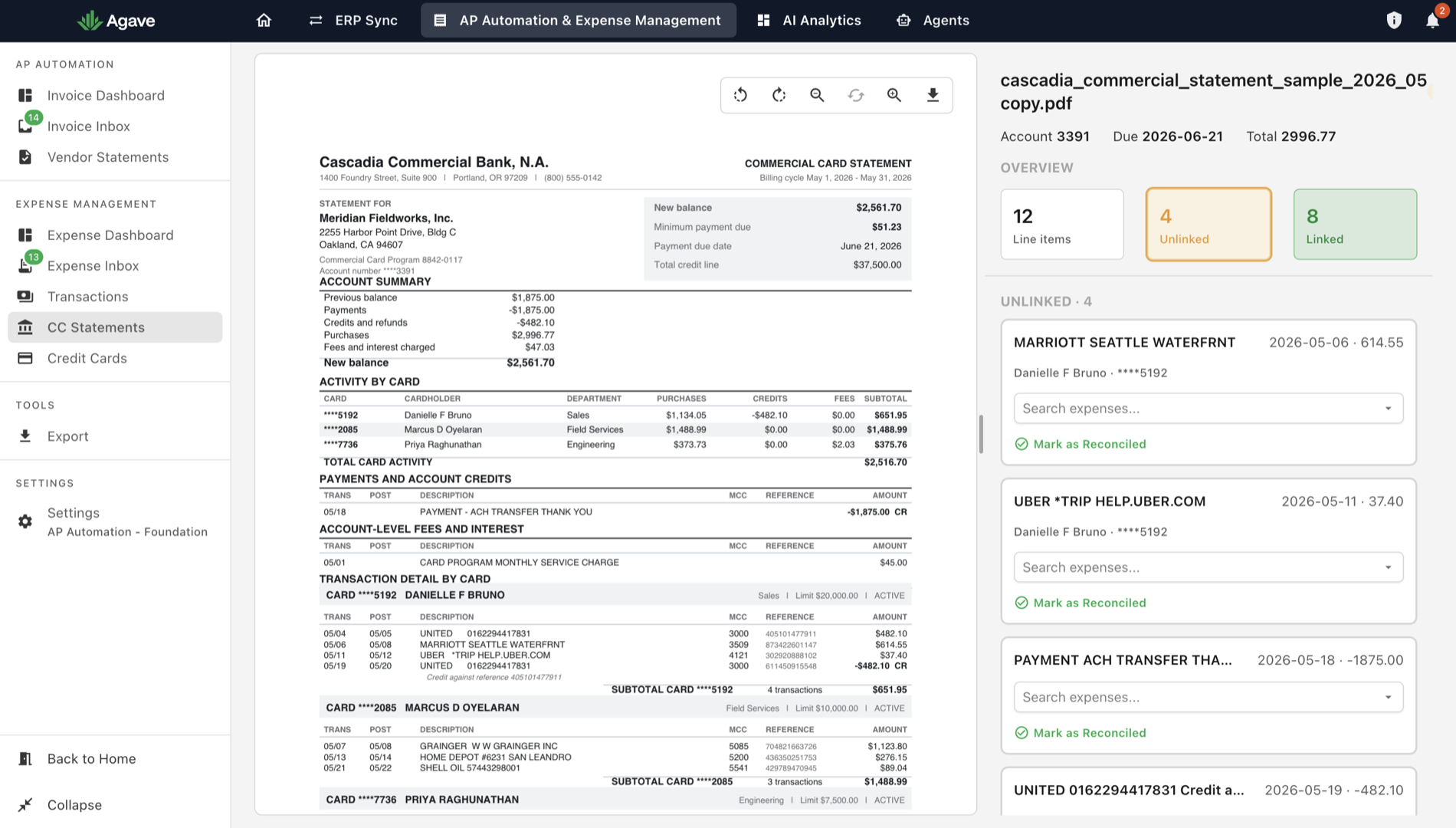 The CC Statements screen with the uploaded statement on the left and the reconciliation panel on the right, showing 12 line items, 4 unlinked and 8 linked