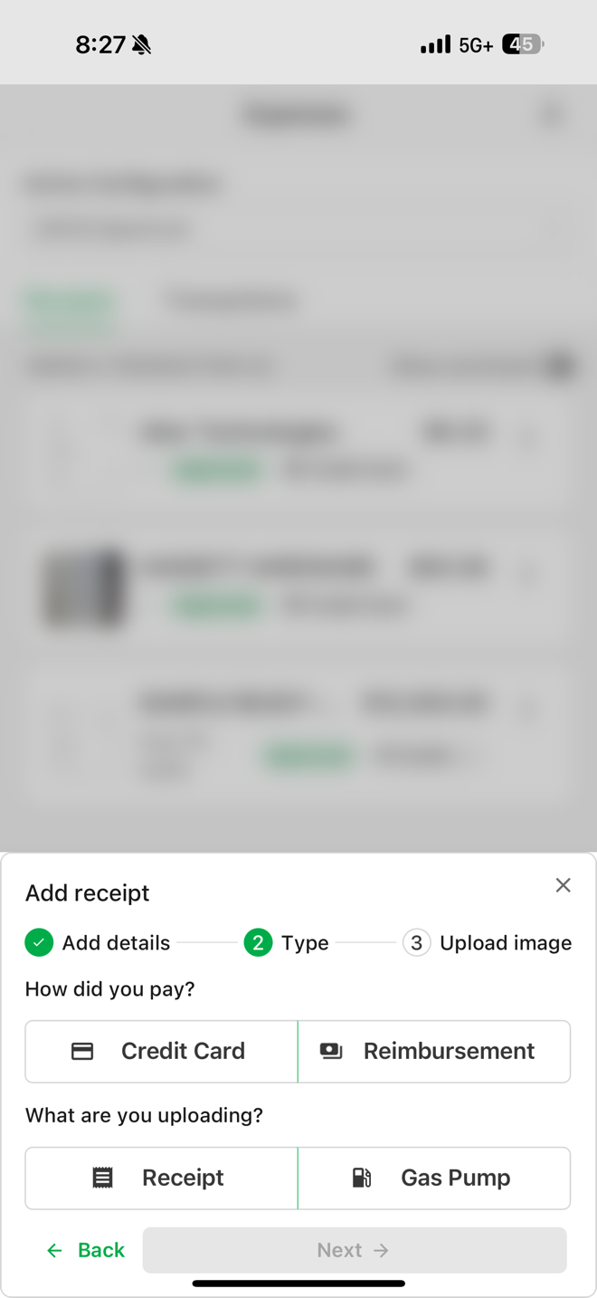 The Type step of Add receipt, with Credit Card and Reimbursement options
