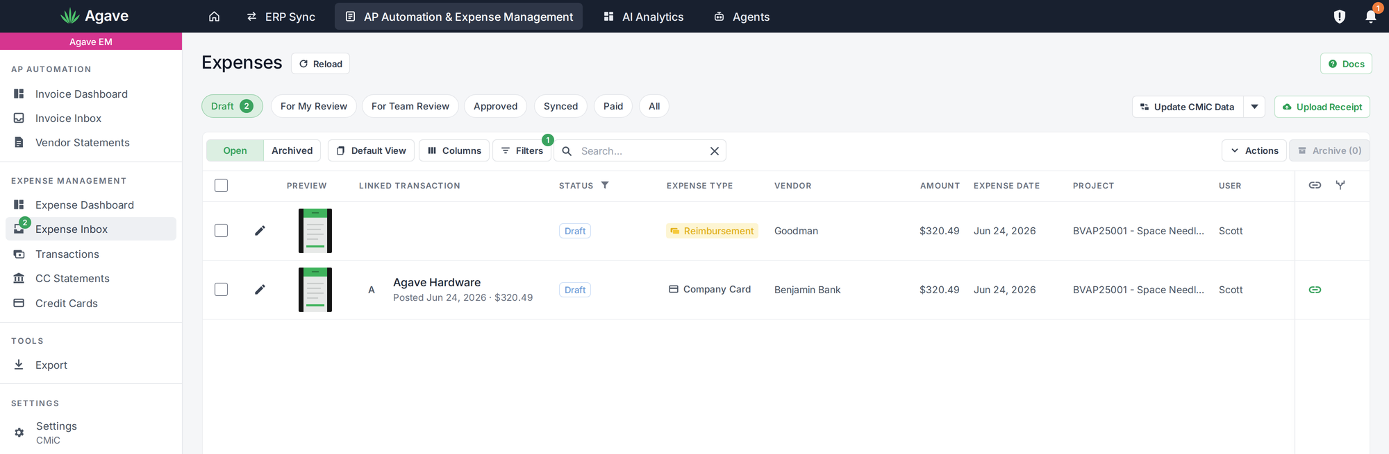 The Expenses list with an Expense Type column, showing a Reimbursement chip on one row and Company Card on another