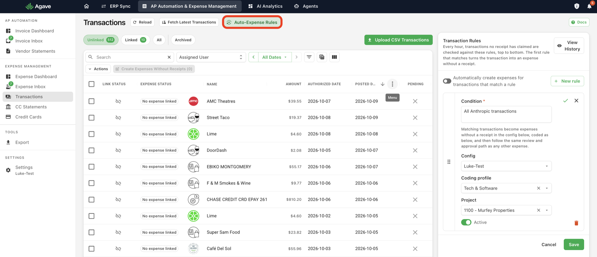 The Transactions page with Auto-Expense Rules circled in the toolbar and the Transaction Rules panel open on the right