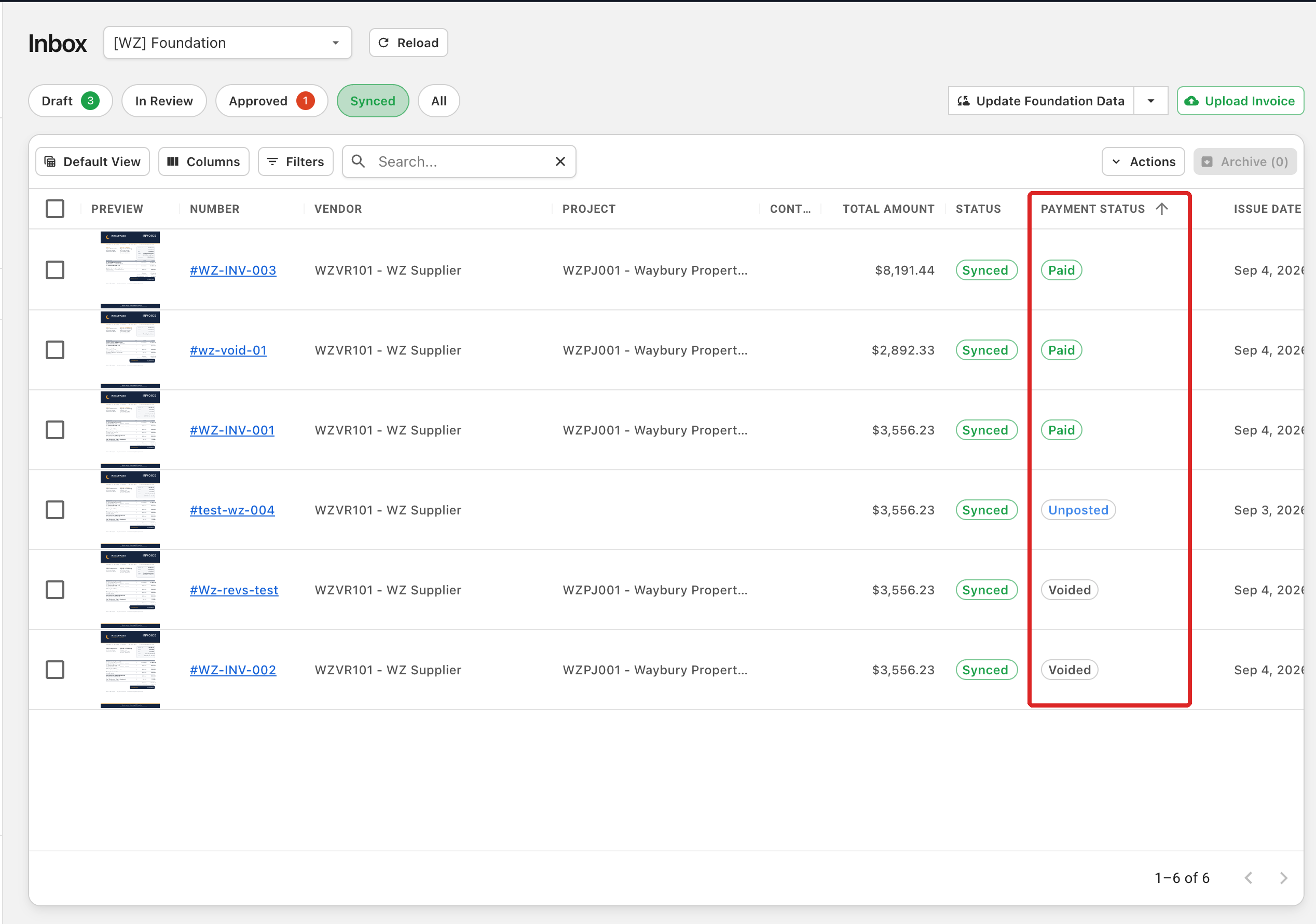 The Synced tab in the Inbox with the Payment Status column outlined in red, showing Paid, Unposted, and Voided invoices