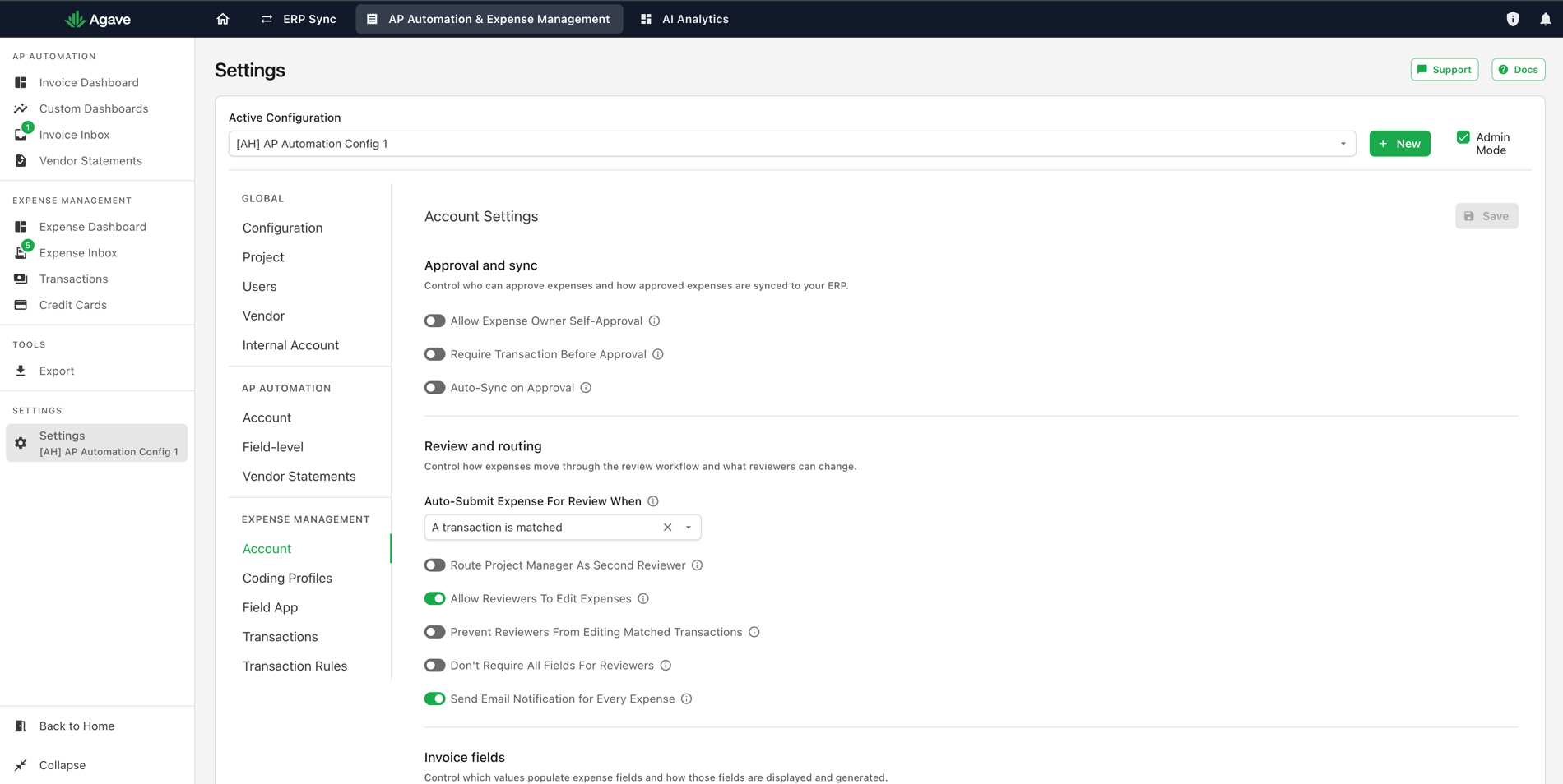 The Account Settings page with the Approval and sync and Review and routing sections