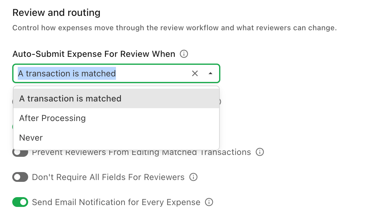 The Auto-Submit Expense For Review When dropdown open, showing A transaction is matched, After Processing, and Never