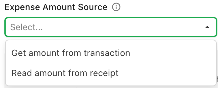The Expense Amount Source dropdown open, showing Get amount from transaction and Read amount from receipt