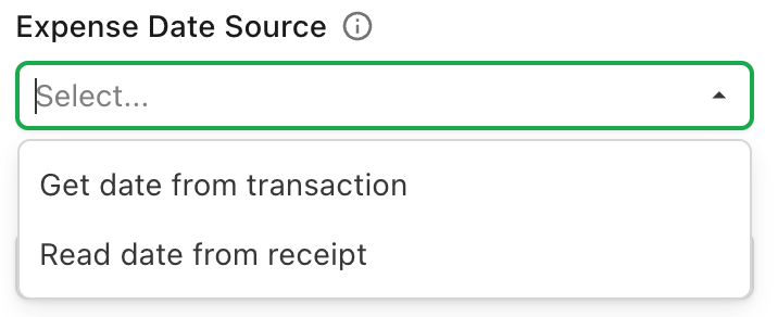 The Expense Date Source dropdown open, showing Get date from transaction and Read date from receipt