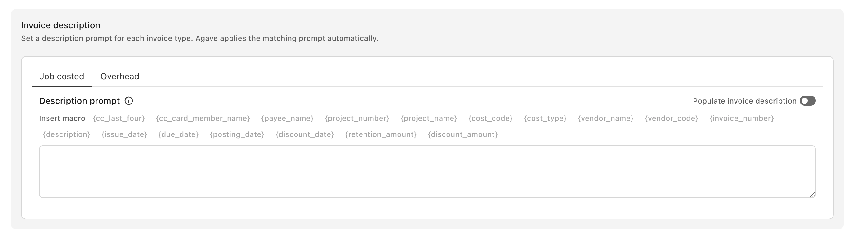 The Invoice description panel with Populate invoice description off and the macros greyed out