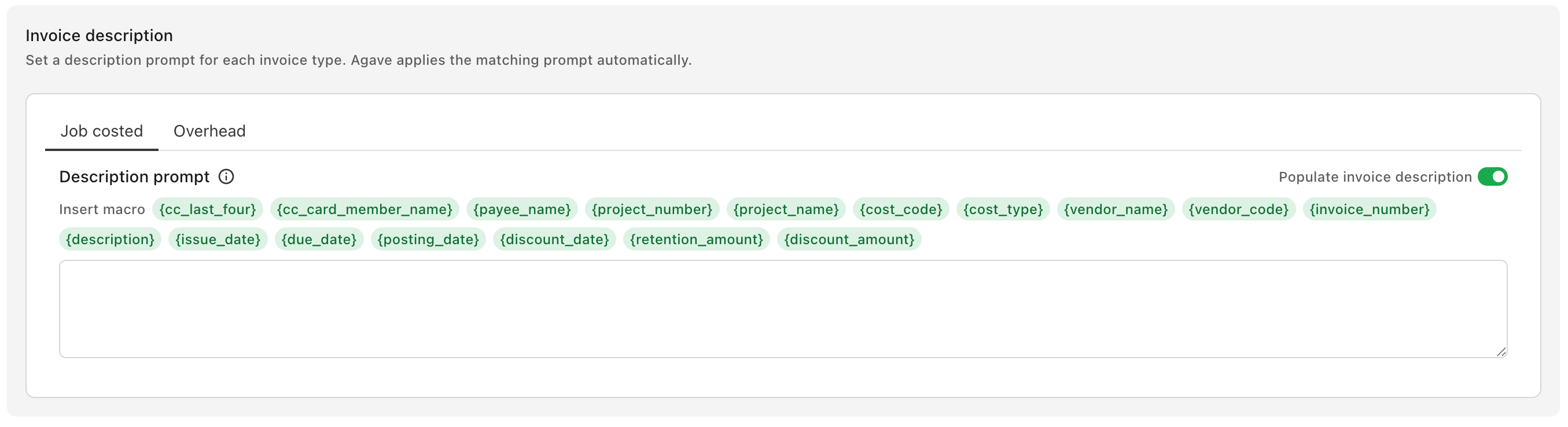 The Job costed tab with Populate invoice description on and the macros shown in green