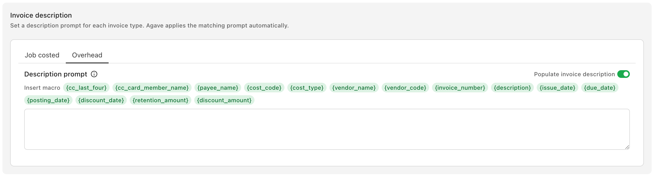 The Overhead tab with Populate invoice description on and a shorter macro list with no project macros