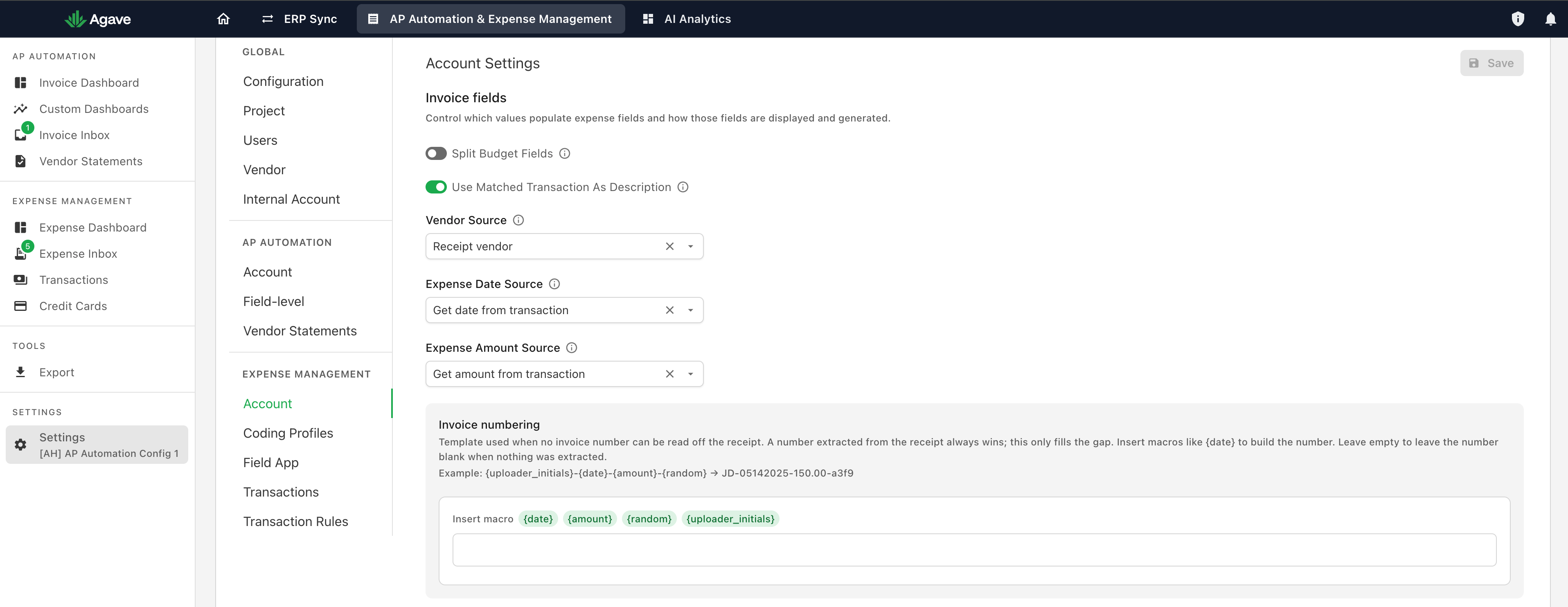 The Invoice fields section with Split Budget Fields, Use Matched Transaction As Description, the three source dropdowns, and the Invoice numbering panel