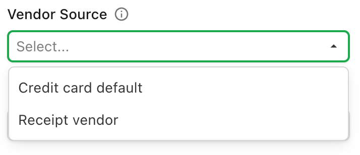 The Vendor Source dropdown open, showing Credit card default and Receipt vendor
