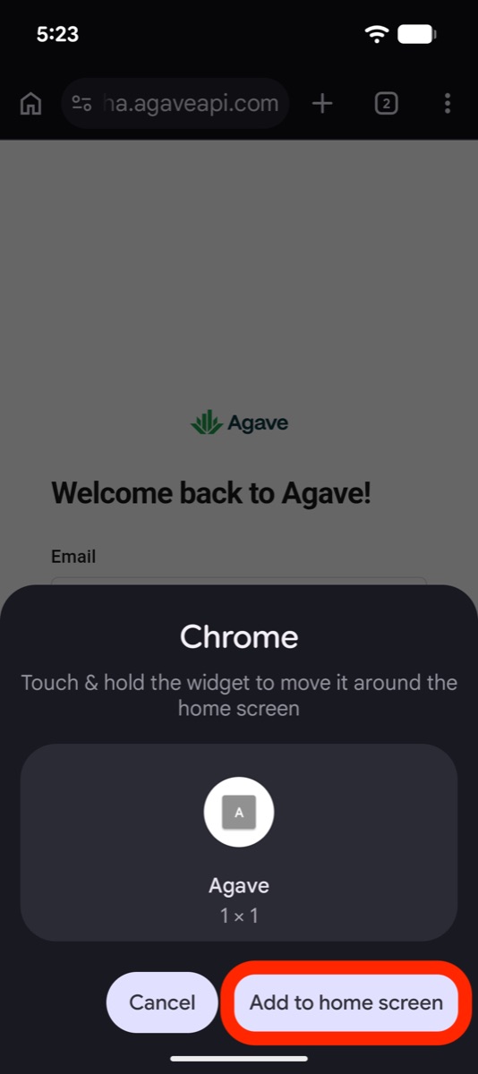 The Chrome sheet with the Agave icon and Add to home screen circled