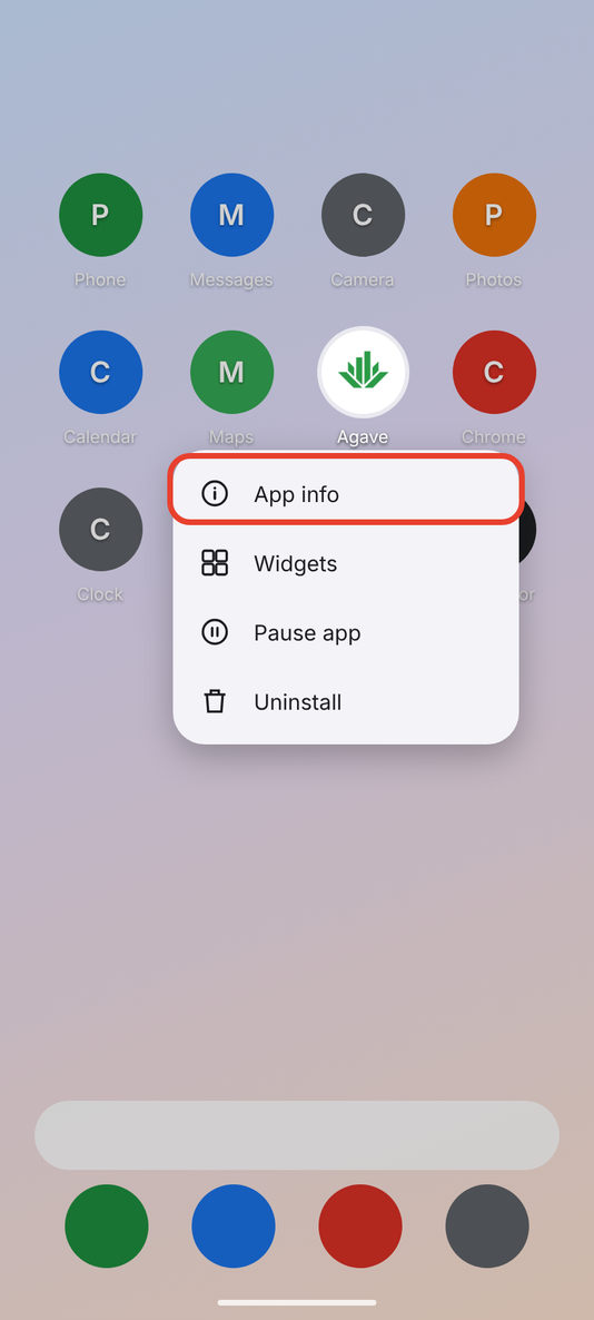 The home screen menu that opens when you hold the Agave icon, with App info circled
