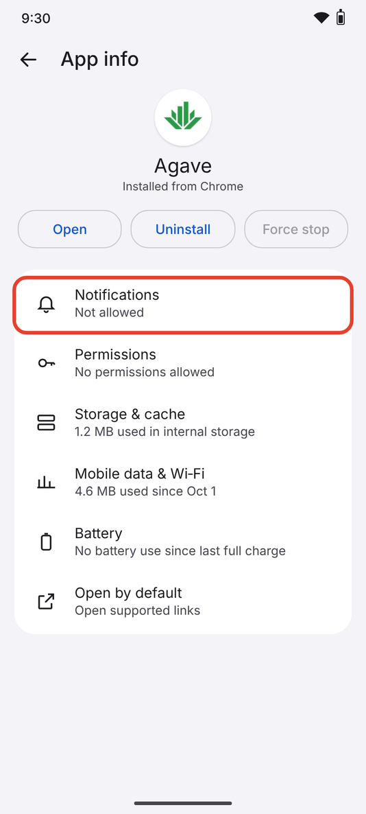 The App info screen for Agave with Notifications circled