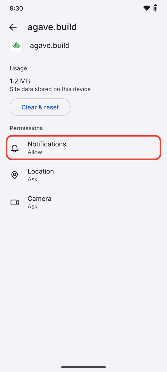 The agave.build site settings in Chrome with Notifications set to Allow circled