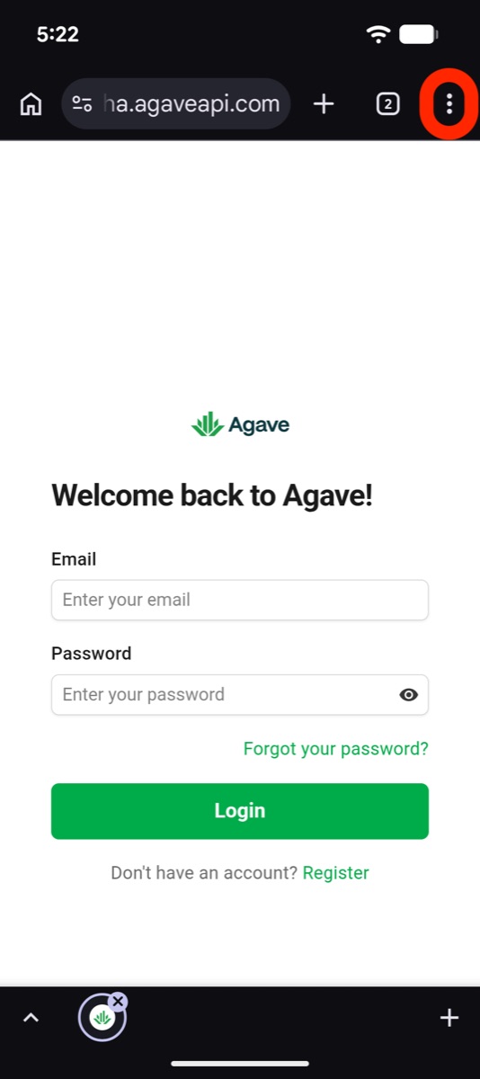 The Agave login screen in Chrome with the three dot menu at the top right circled
