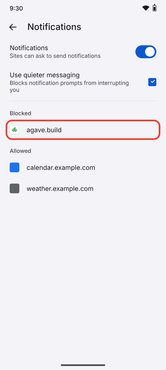 Chrome's Notifications site settings with agave.build circled under Blocked