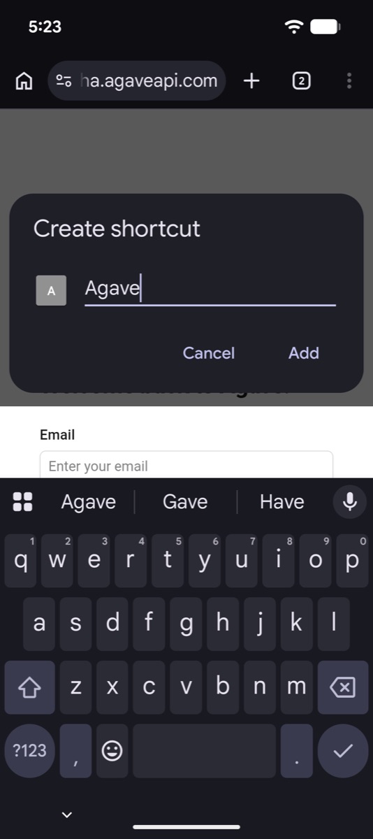 The Create shortcut dialog with the name Agave filled in and an Add button
