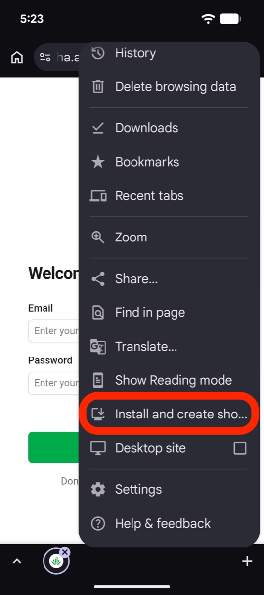 The Chrome menu with Install and create shortcut circled near the bottom