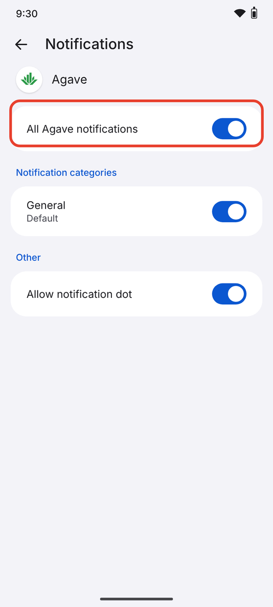 The Agave notifications screen with the switch at the top circled and turned on