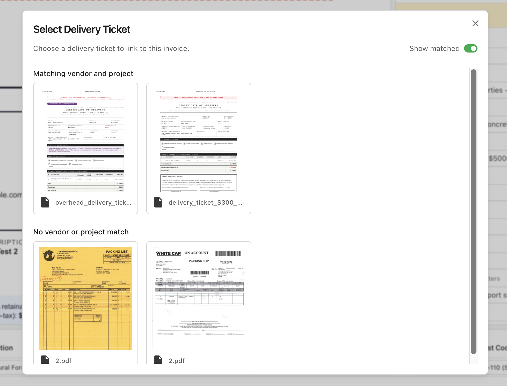 Select Delivery Ticket Dialog