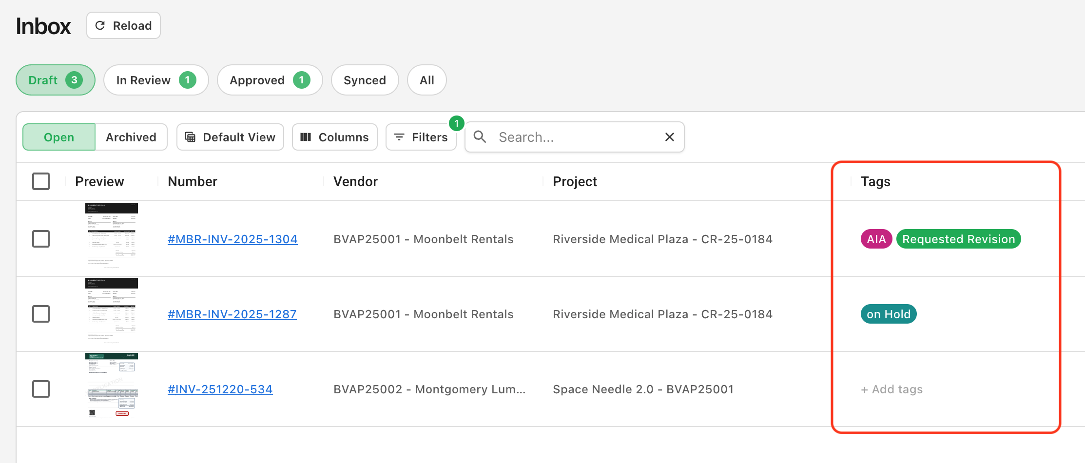 Tags on Invoices in the inbox