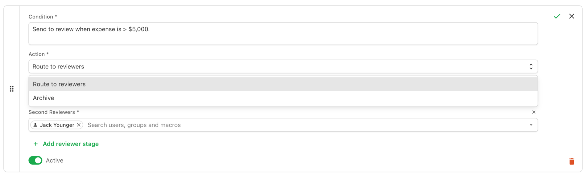 The Action dropdown open, showing Route to reviewers and Archive