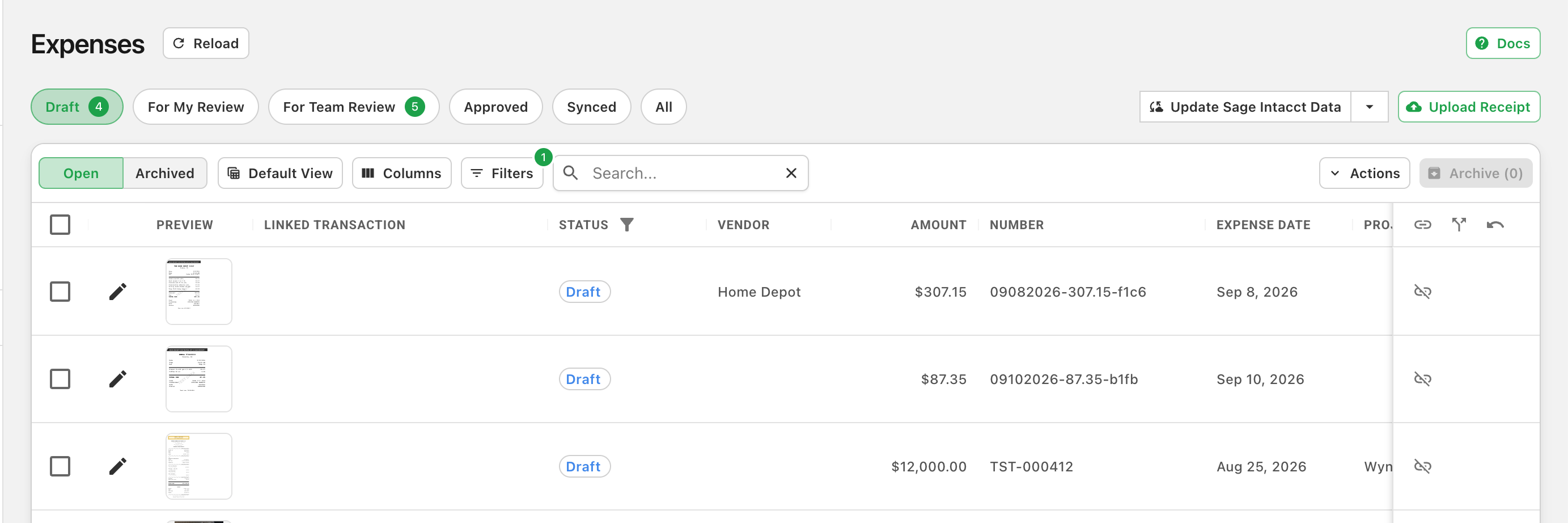 The Expenses page with the Draft tab selected, listing expenses in Draft status