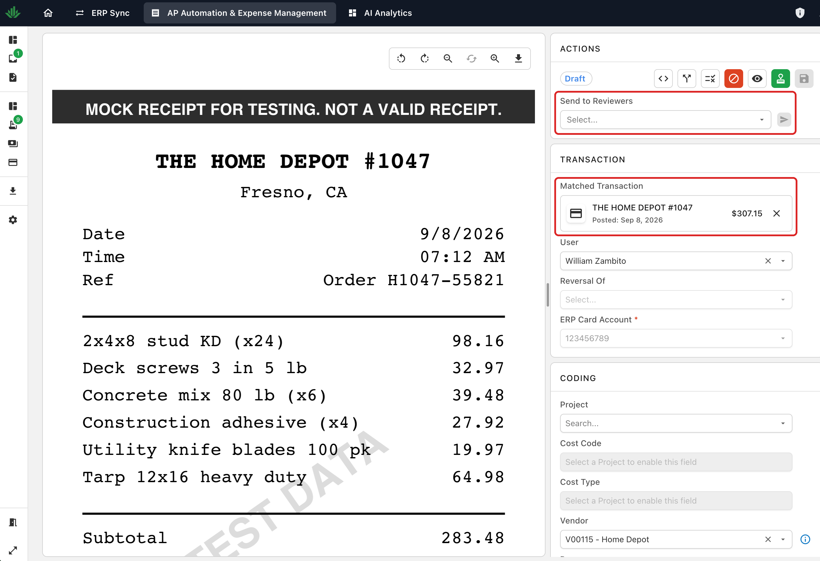A Draft expense open with the Matched Transaction card and the Send to Reviewers field outlined in red
