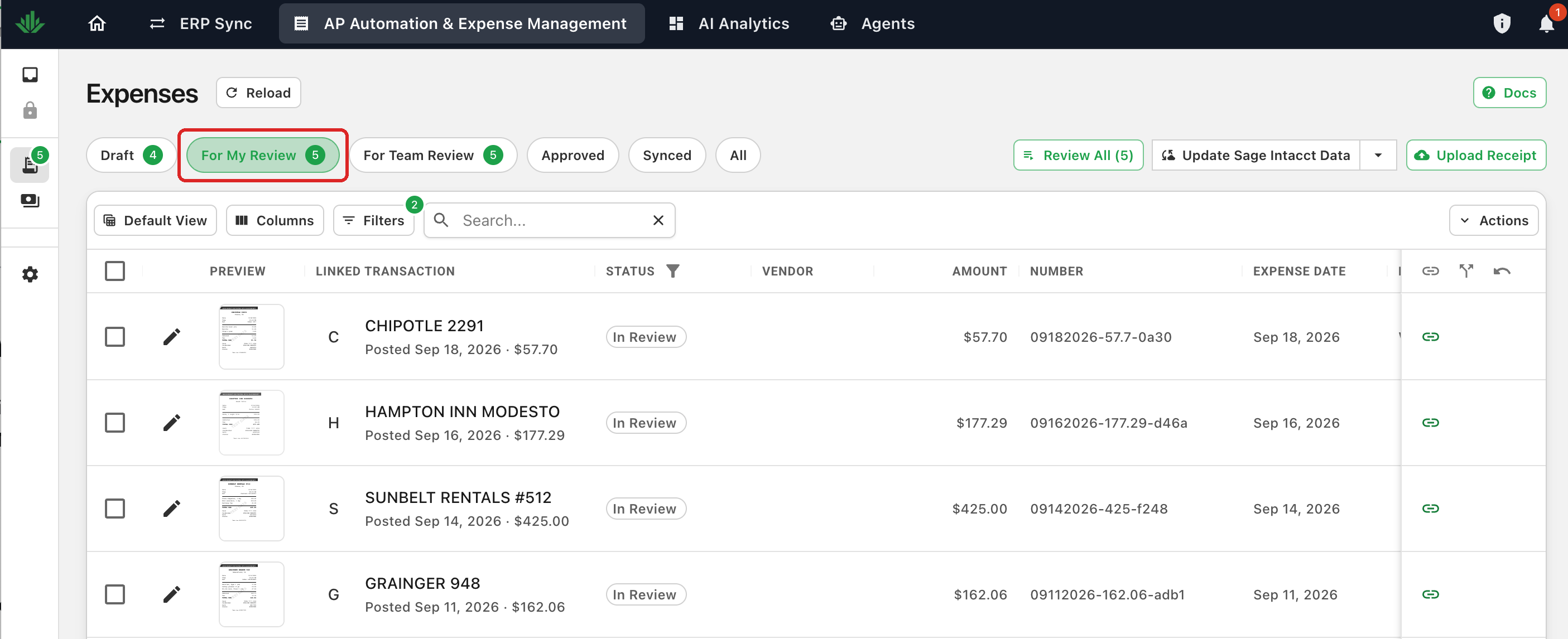 The Expenses page with the For My Review tab outlined in red, listing matched expenses in In Review status