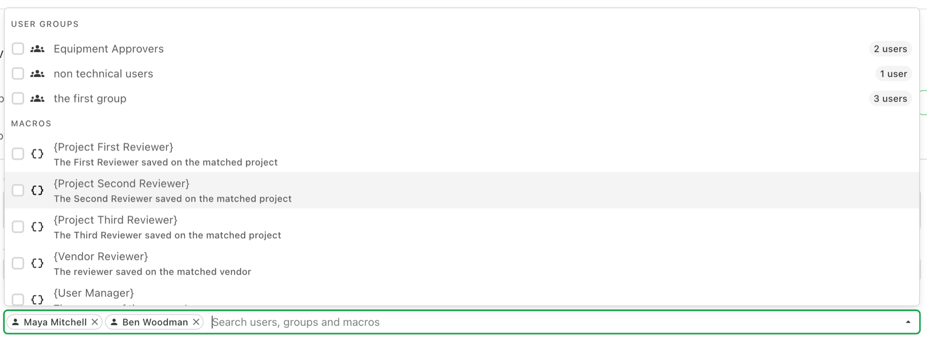 The reviewer picker showing the User Groups section with member counts, above the Macros section