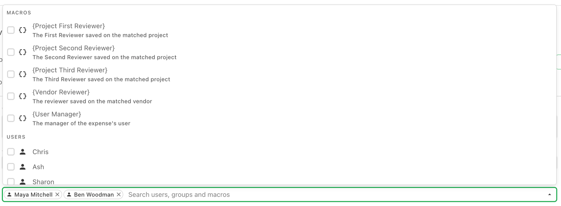 The reviewer picker scrolled to show all five macros with their descriptions, and the Users section below