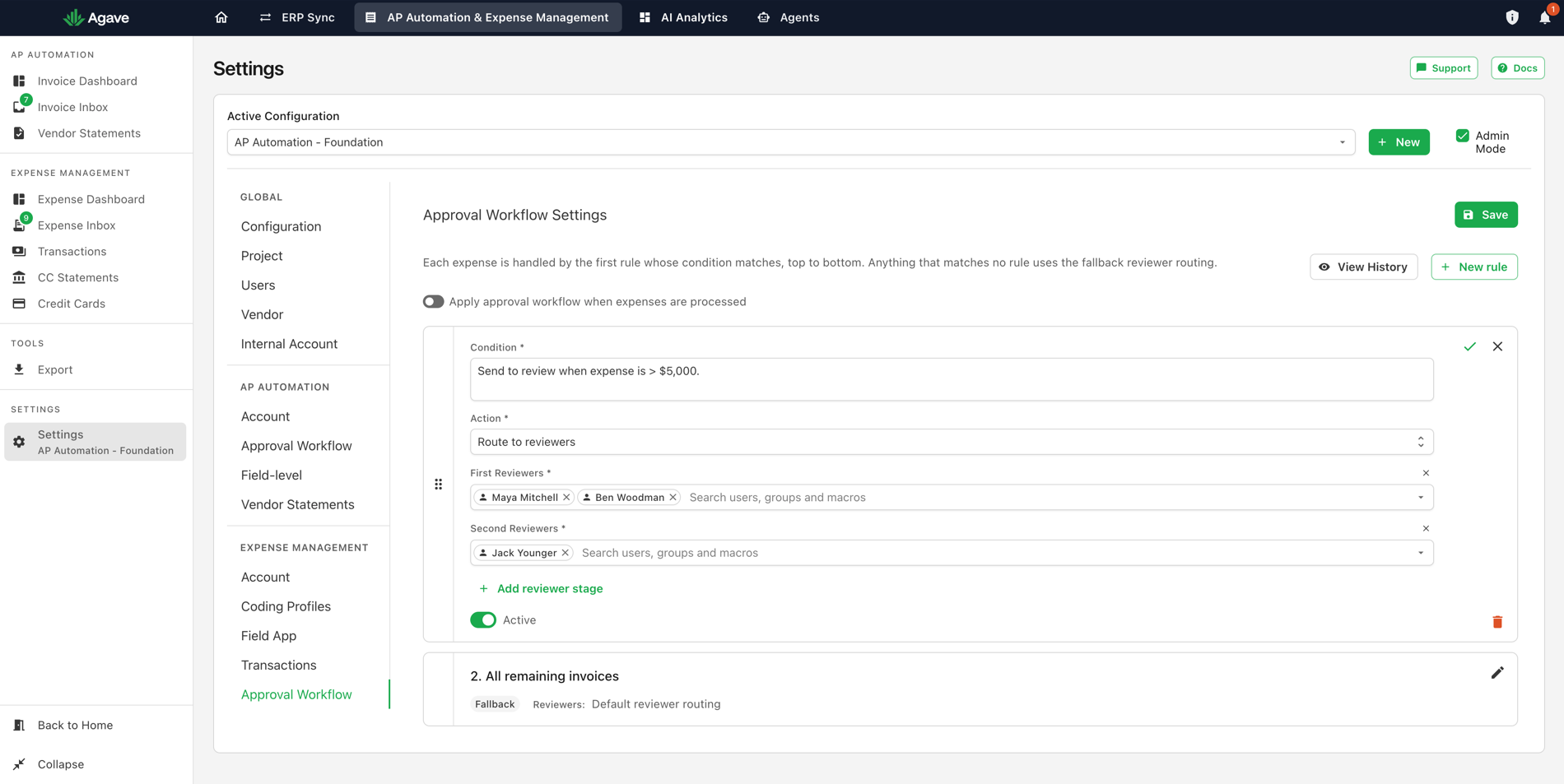 The rule editor with Condition, Action, First Reviewers, Second Reviewers, Add reviewer stage, and the Active toggle