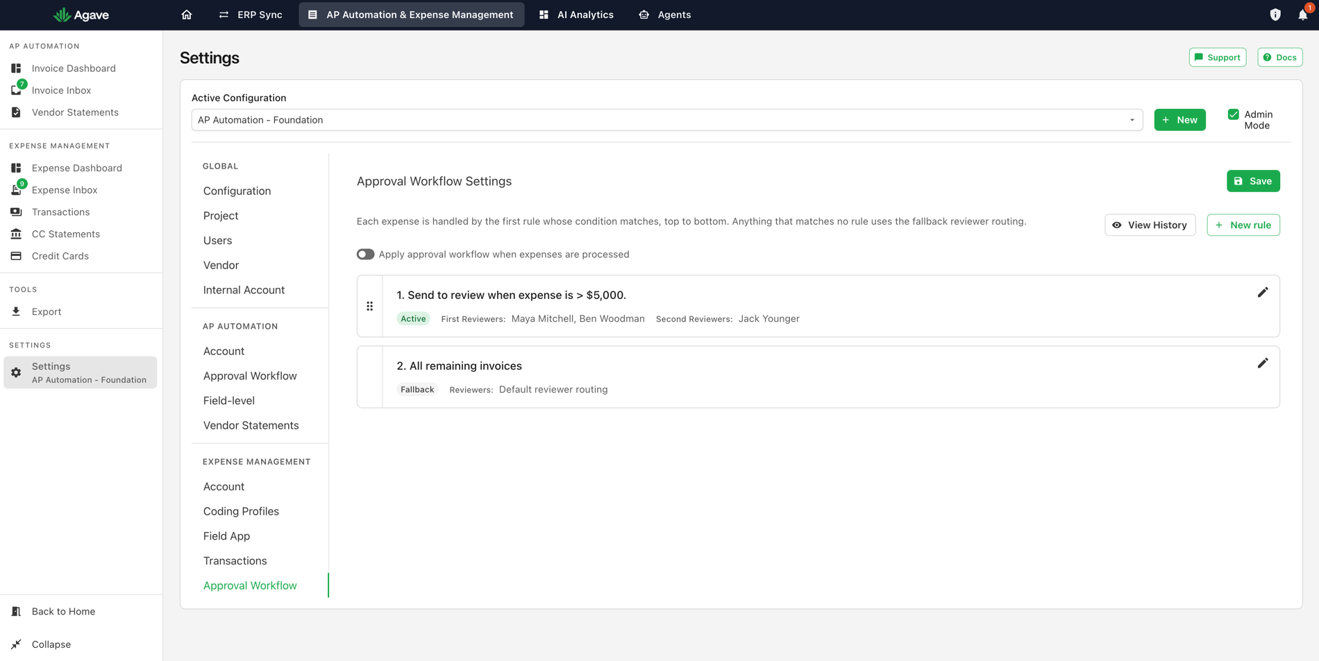 The Approval Workflow Settings page with one active rule and the All remaining invoices fallback