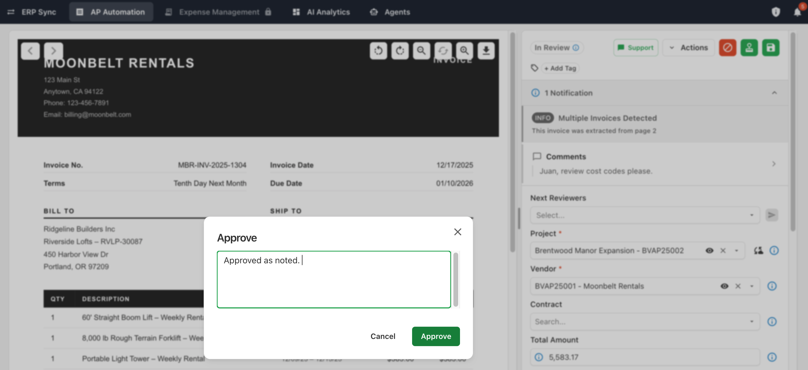 The Approve dialog with optional comments