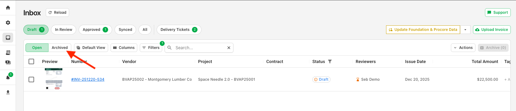 Draft Inbox with the Open and Archived tabs shown at the top of the invoice list