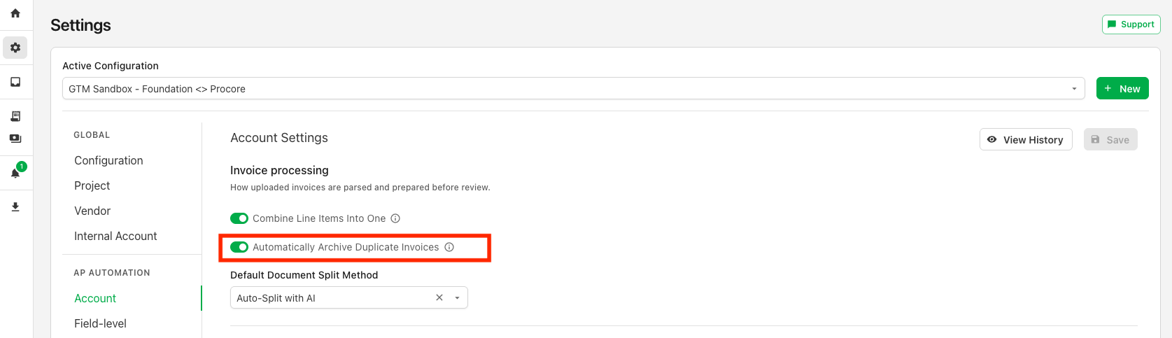 Account Settings Invoice Processing page with the duplicate auto-archiving setting