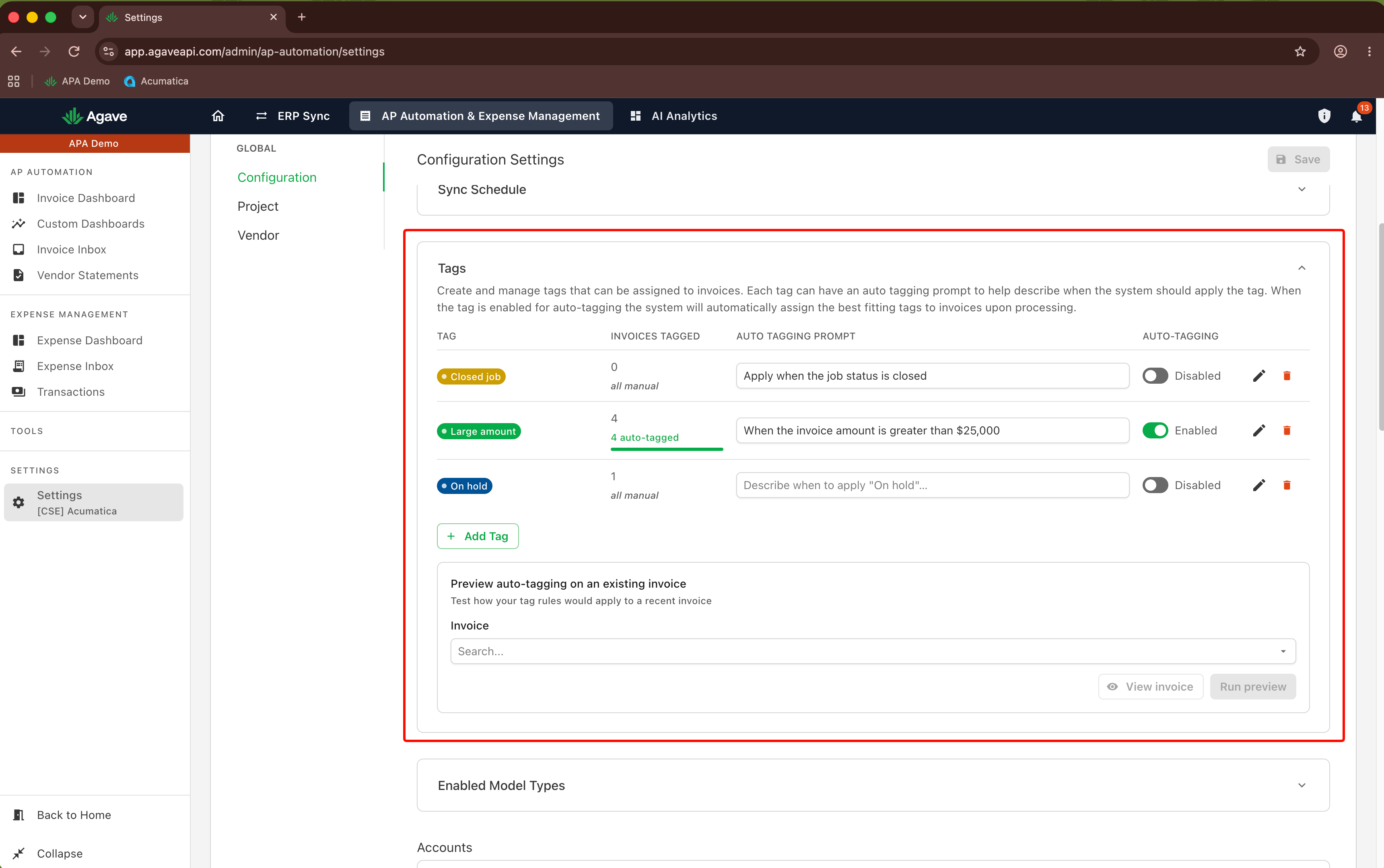 The bottom of the Configuration tab, showing the Tags section