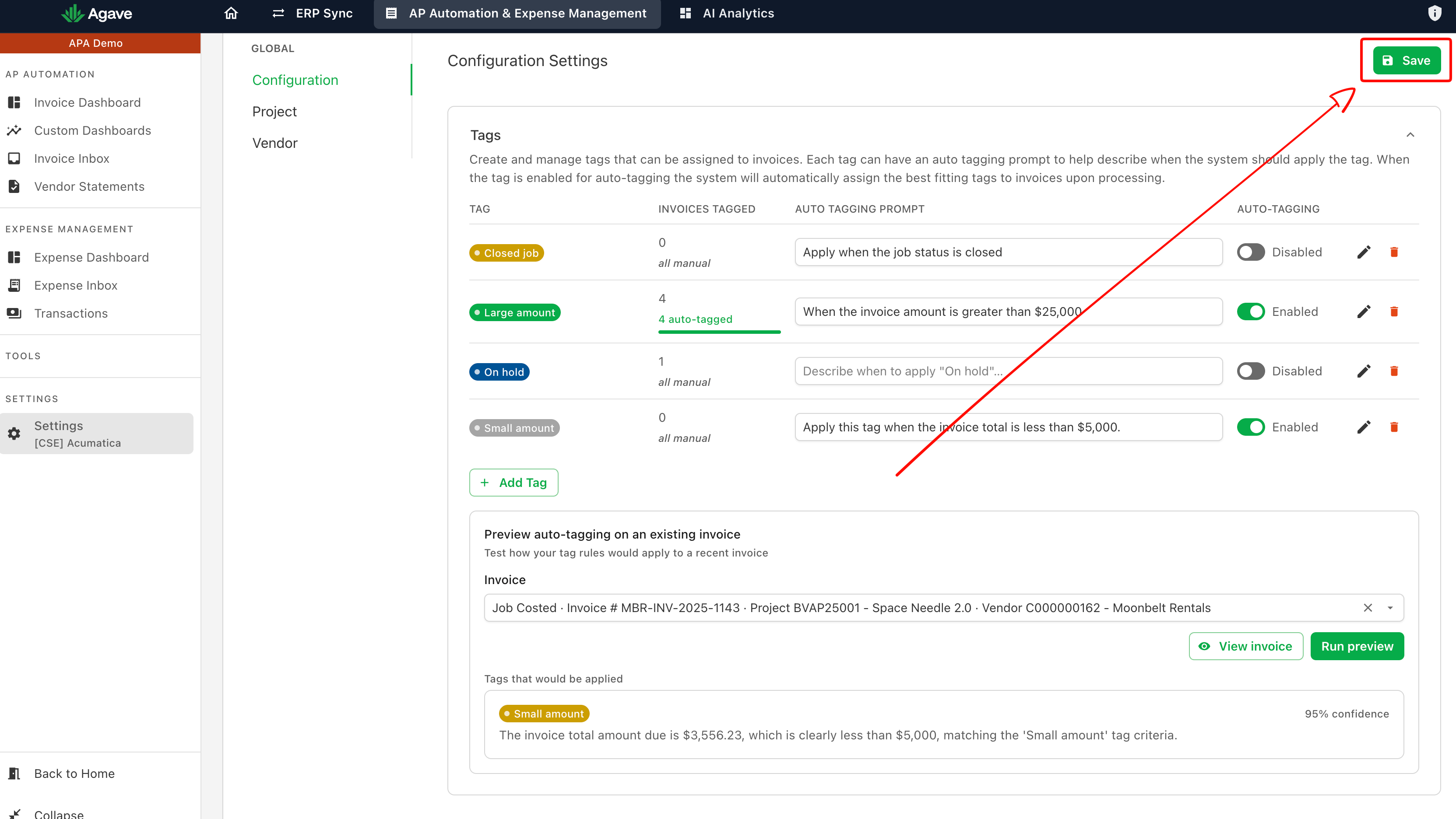The Save button at the top of the settings page