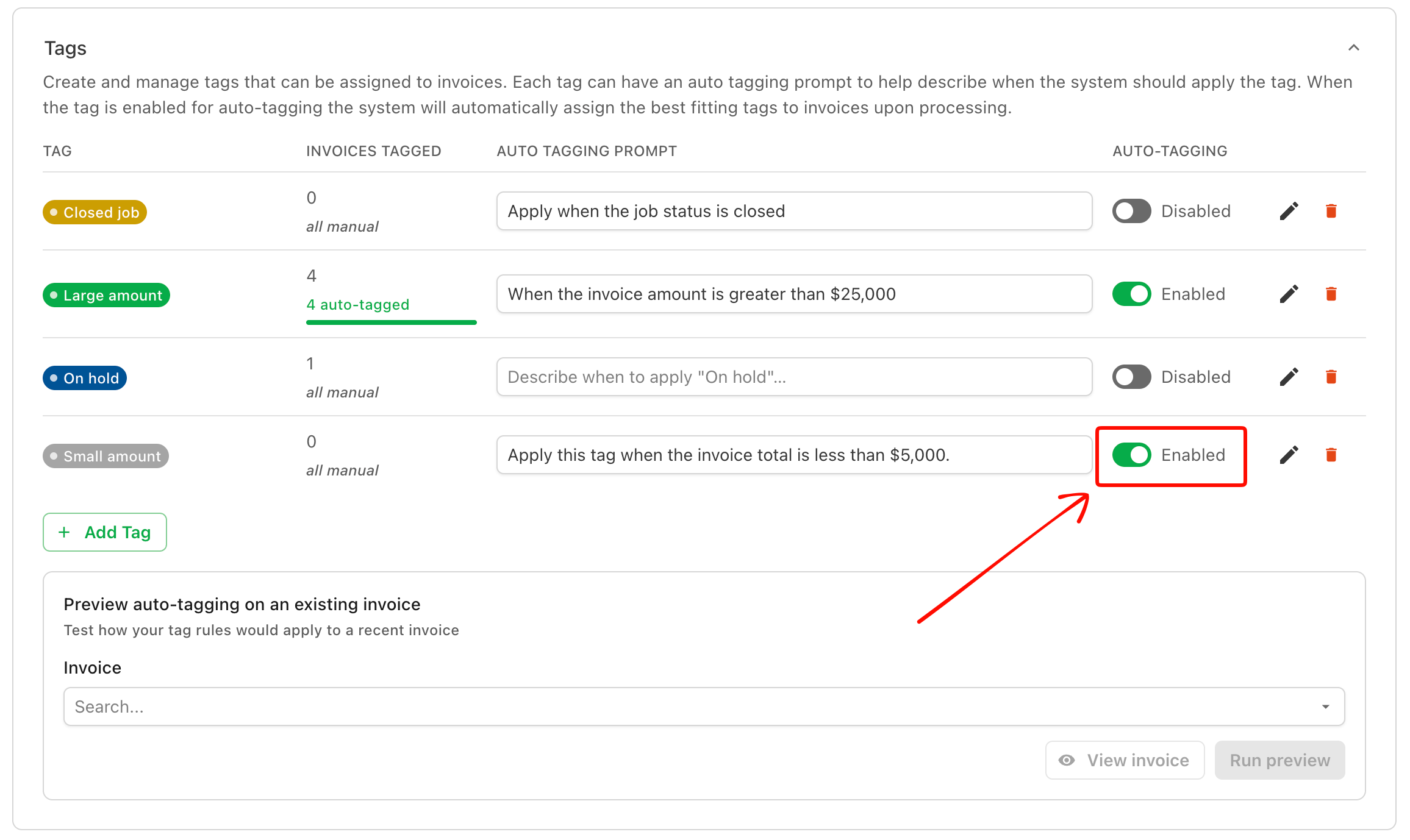 The Auto-tagging toggle set to enabled on the Small amount tag