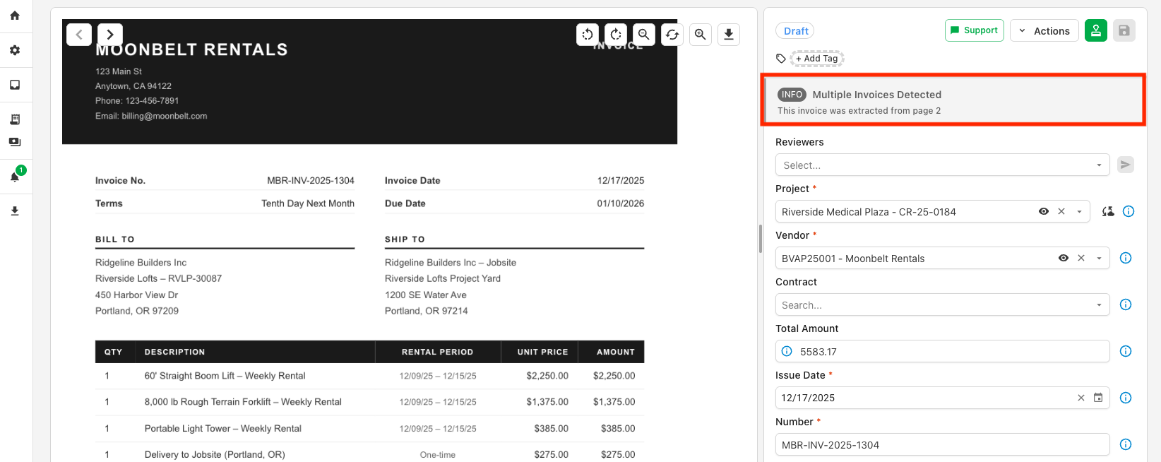 Invoice Detail page showing a note with the page range an automatically split invoice was taken from