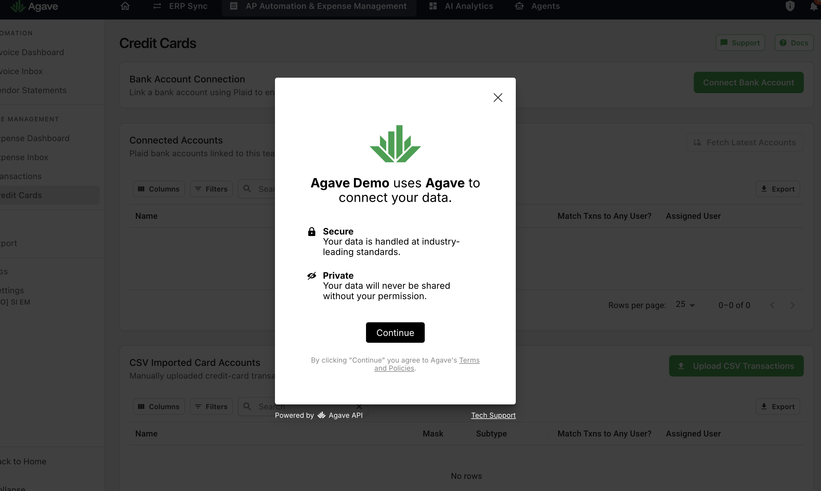 Agave dialog confirming that Agave is used to connect your data, with a Continue button
