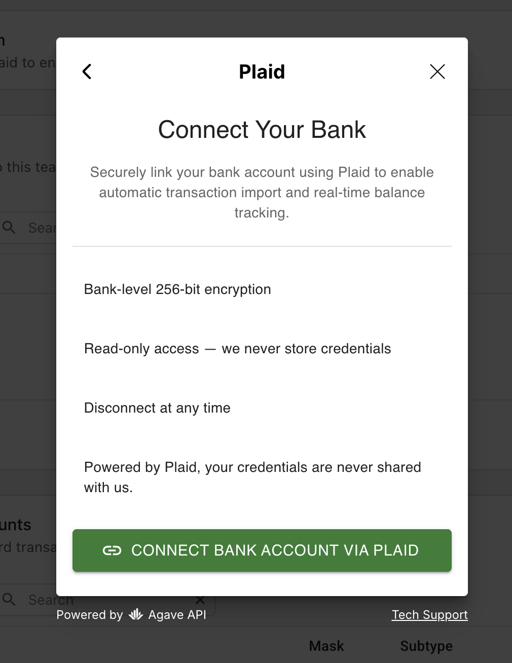 Connect Your Bank screen describing Plaid encryption and read-only access, with the Connect Bank Account via Plaid button