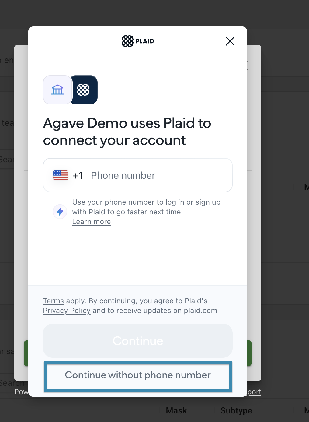 Plaid dialog requesting a phone number, with the Continue without phone number option below