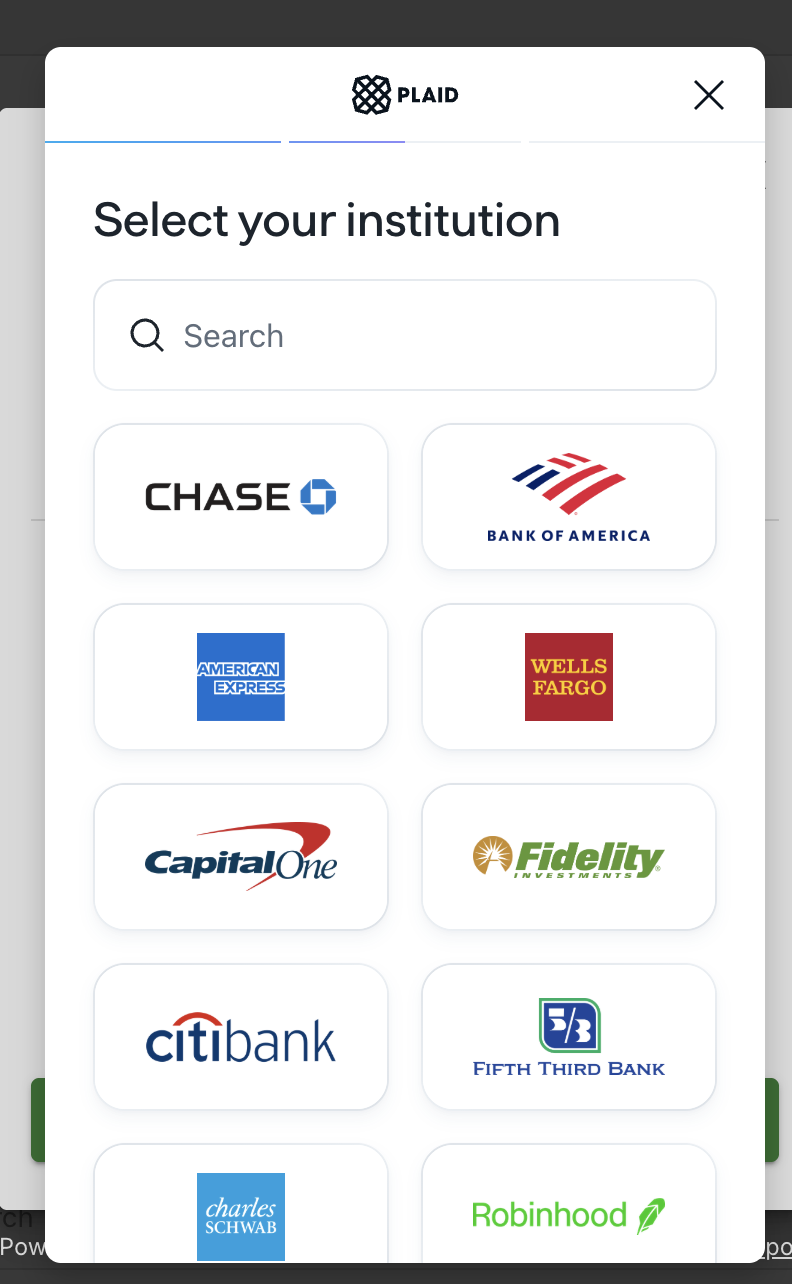 Plaid Select your institution screen showing Chase, Bank of America, American Express and other banks