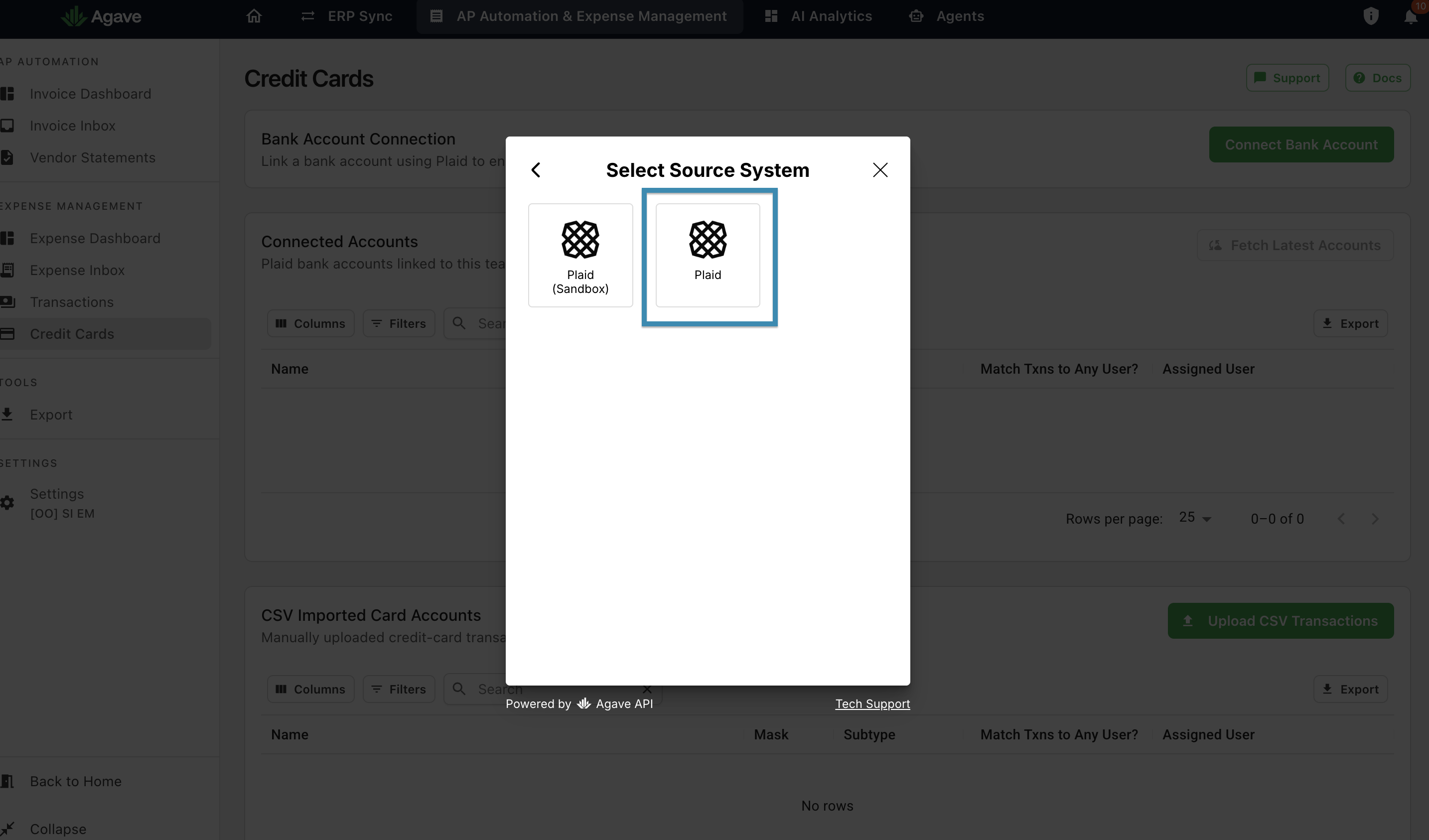 Select Source System dialog with Plaid and Plaid Sandbox options, Plaid selected