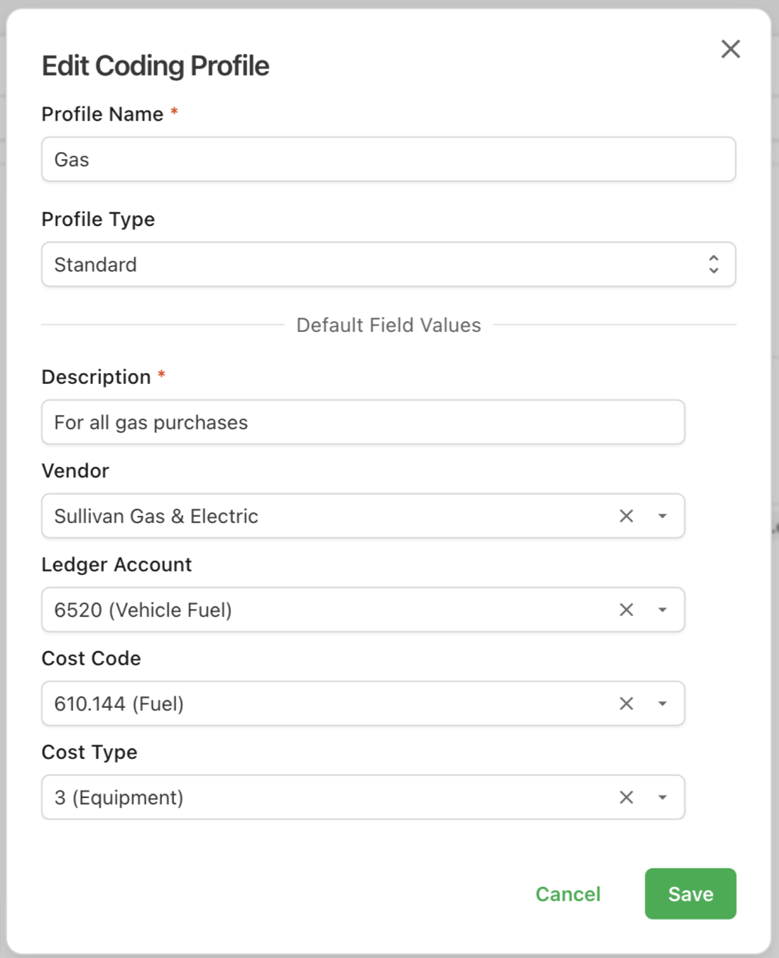 The Edit Coding Profile dialog with Profile Name, Profile Type, Description, Vendor, Ledger Account, Cost Code, and Cost Type