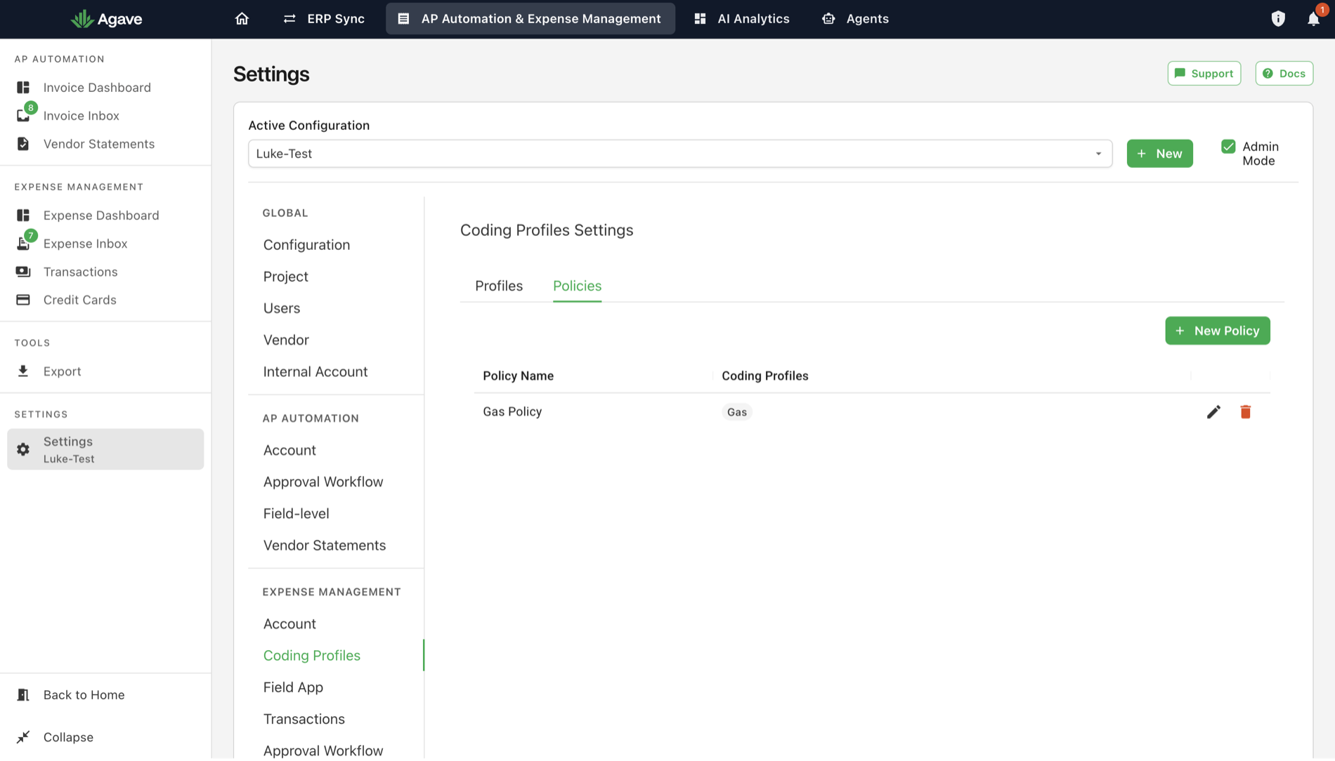 The Policies tab showing a policy and the profiles it contains