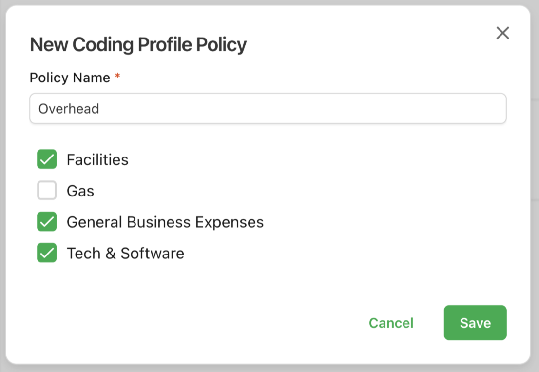 The New Coding Profile Policy dialog with a Policy Name and checkboxes for each profile