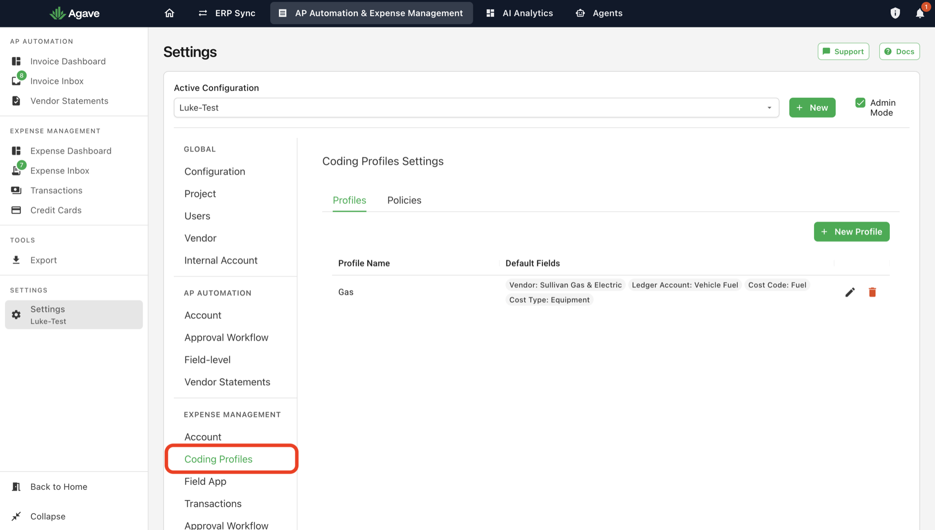 The Coding Profiles Settings page with the Profiles and Policies tabs and one profile listed
